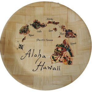 Hawaii Souvenir Shallow Platter Bowl Tray Woven Bamboo of Hawaiian Islands Map